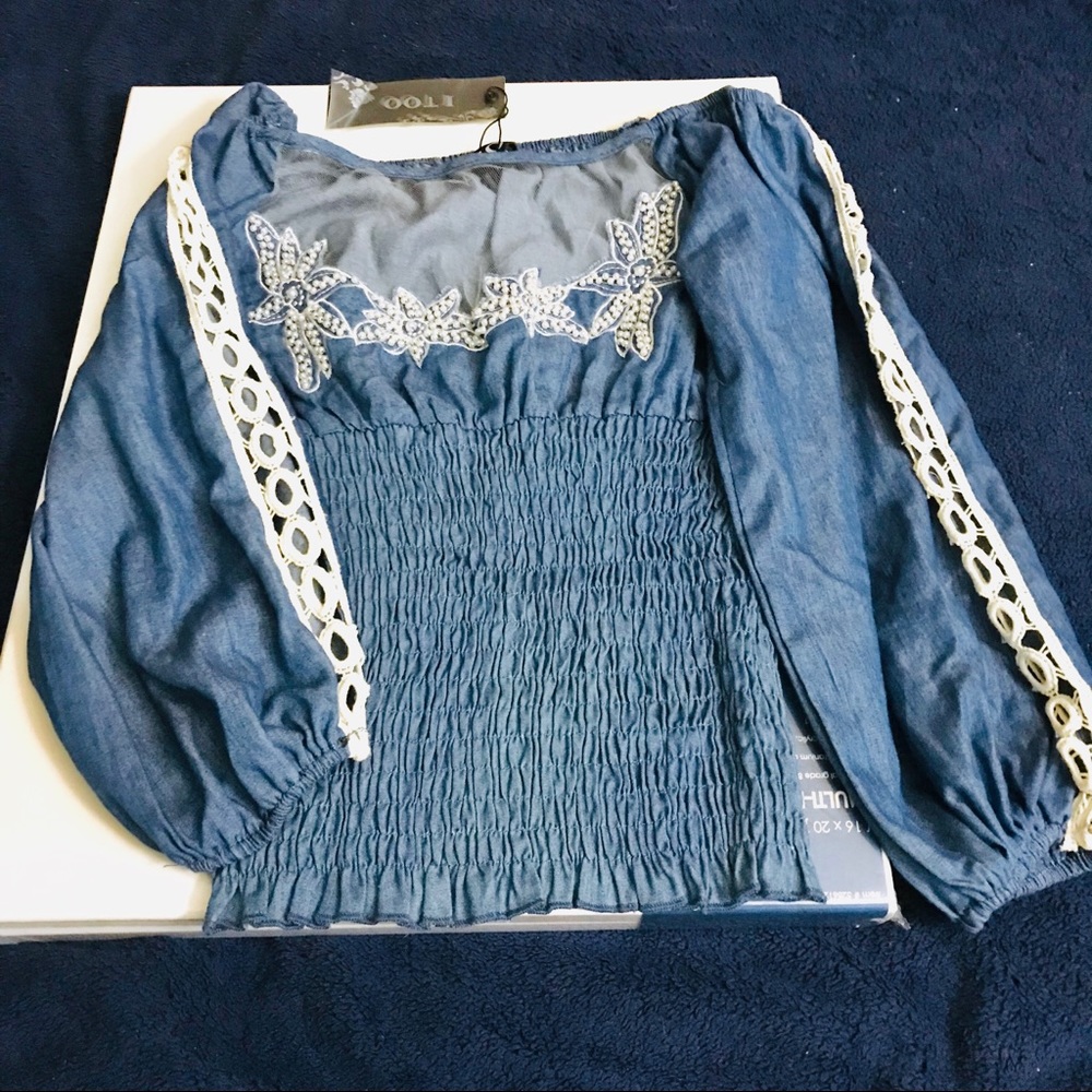 NWT Beautiful I TOO Denim Dressy blouse CA Base - Picture 3 of 7